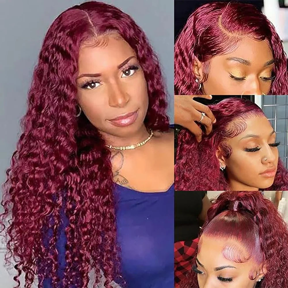 99J Burgundy 13x6 Deep Wave Lace Frontal Human Hair Wig 13x4 Curly Wigs Deep Wave Lace Frontal Wigs Red Colored Human Hair Wigs
