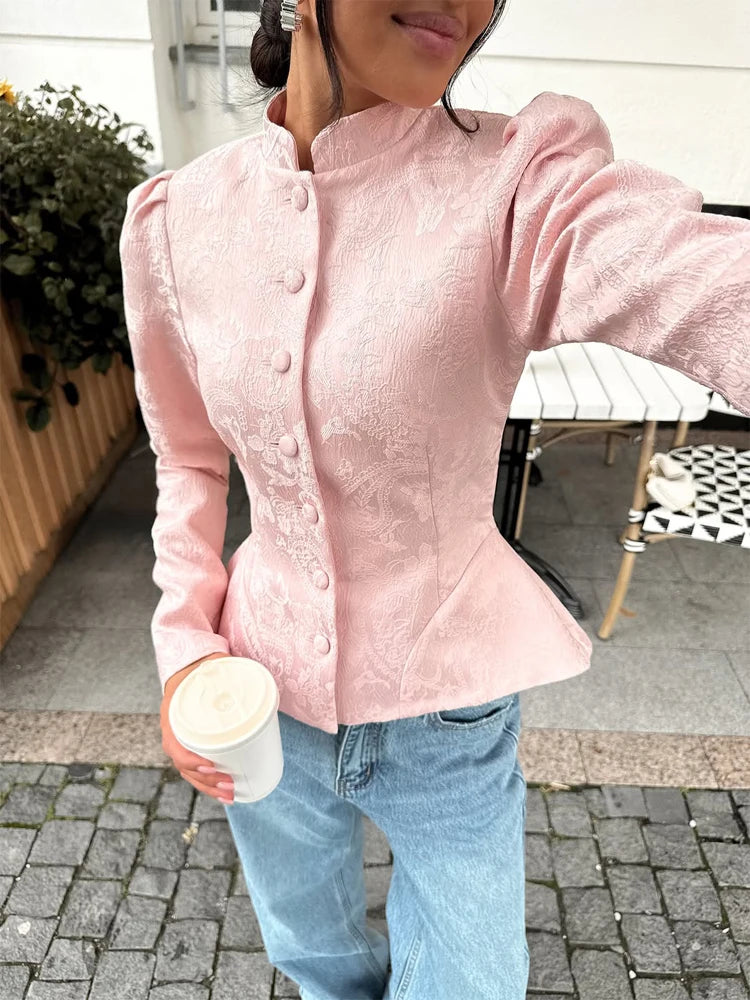 Solid Color Jacquard Glossy Satin Tops Women Chic Stand Collar Single Breasted Slim Fit Short Coats 2026 Lady Daily Outwear New