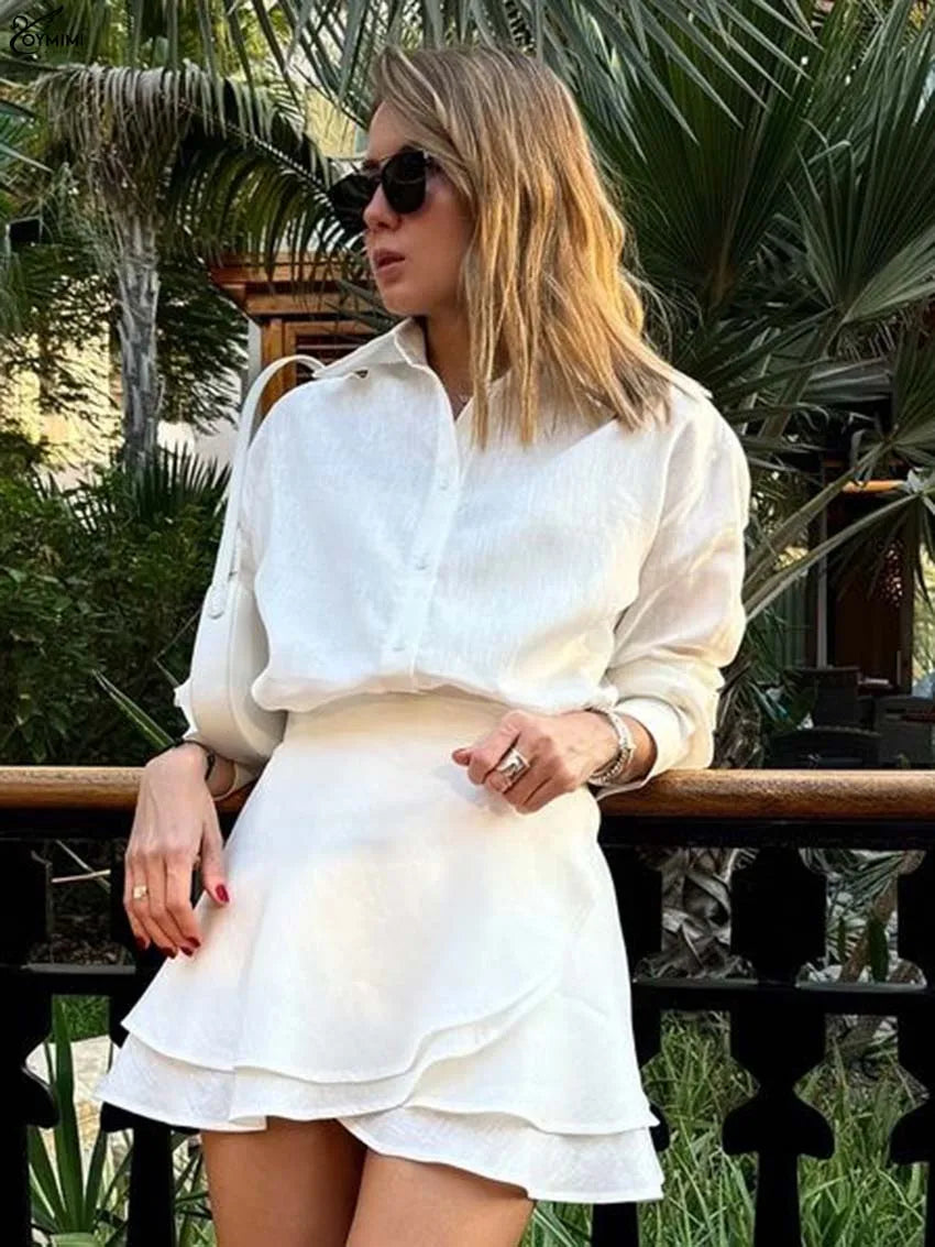 Oymimi Elegant Beige Cotton Two Piece Set For Woman Fashion Long Sleeve Button Shirts And High Waist Lace-Up Mini Skirts Sets