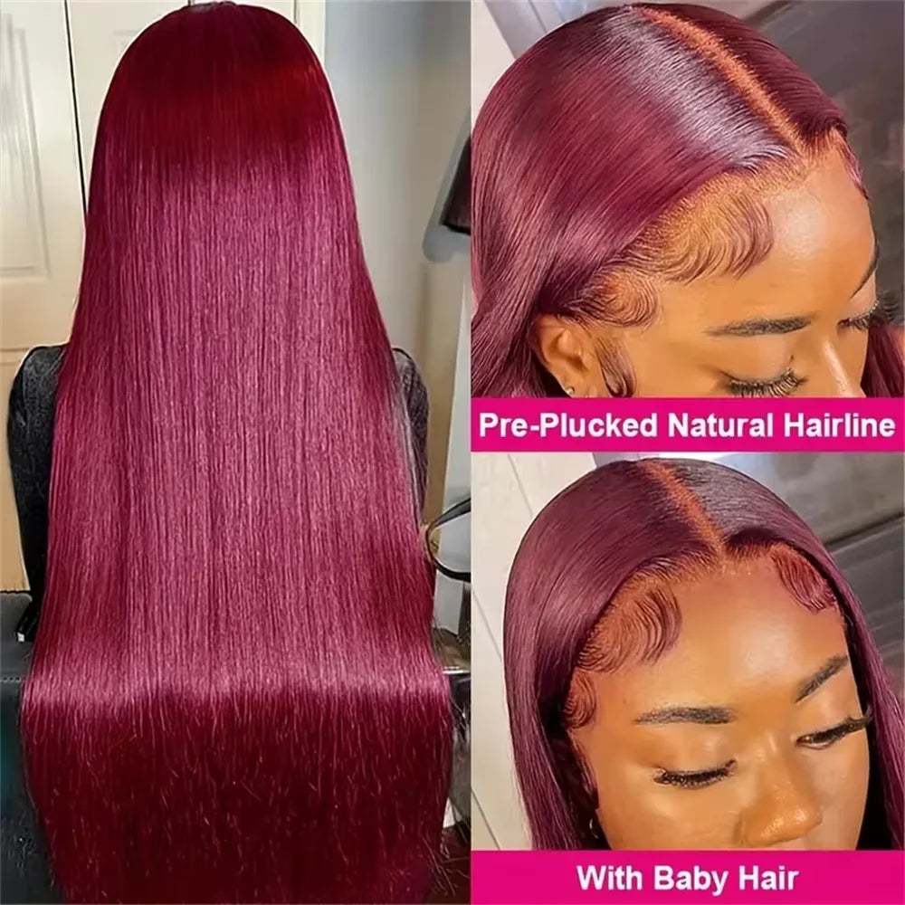 Burgundy 13x6 HD Lace Frontal Human Hair Wig Straight Wig 13x4 Lace Front Human Hair Wigs For Women 99J Colored 200 High Density