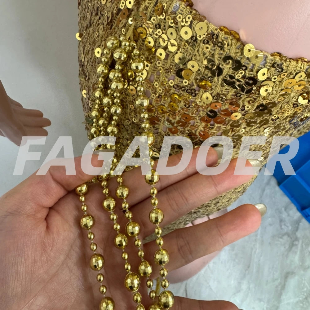 FAGADOER Sexy Hollow-out Sequin 2 Pieces Set for Woman Solid Deep V-neck Crop Top and Tassel Pants Female Streetwear Clothing