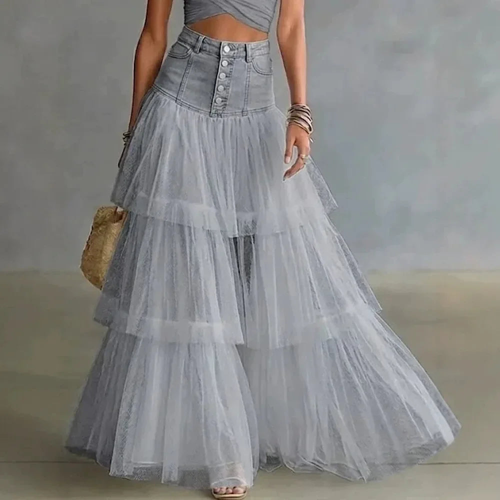 2026 Summer Women's Mesh Tiered Elegant High Waist Tulle Cake Skirt Large Swing Midi Skirt Casual Fairy Long Skirt New