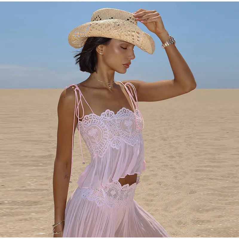 Beach Floral Lace Hollow Out Women's Pants Sets Ruffles Spaghetti Strap Crop Tops Loose Pleated Lantern Pant 2026 Summer Suits