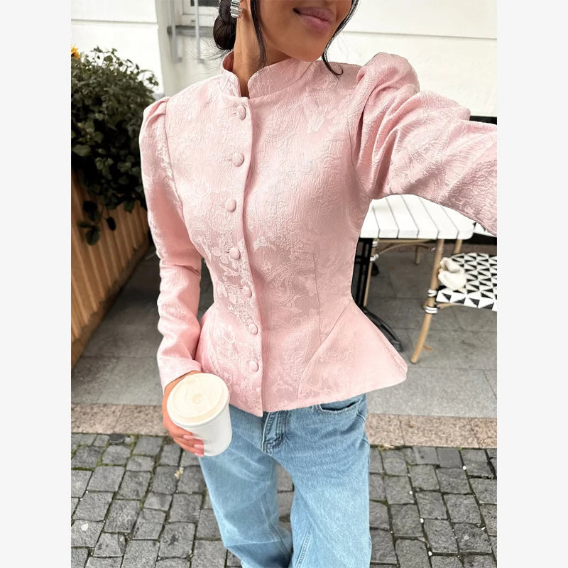 Solid Color Jacquard Glossy Satin Tops Women Chic Stand Collar Single Breasted Slim Fit Short Coats 2026 Lady Daily Outwear New
