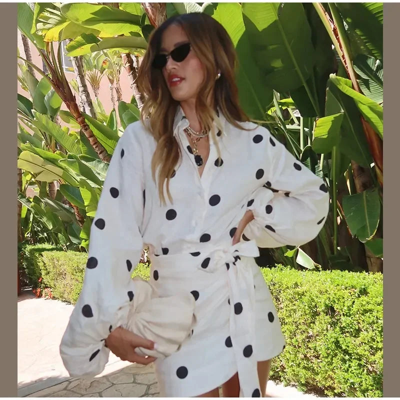 Casual White Polka Dot Print High Waist Mini Skirt Set Women Long Puff Sleeve Lapel Single Breast Lace-up Tops Set New Lady Wear