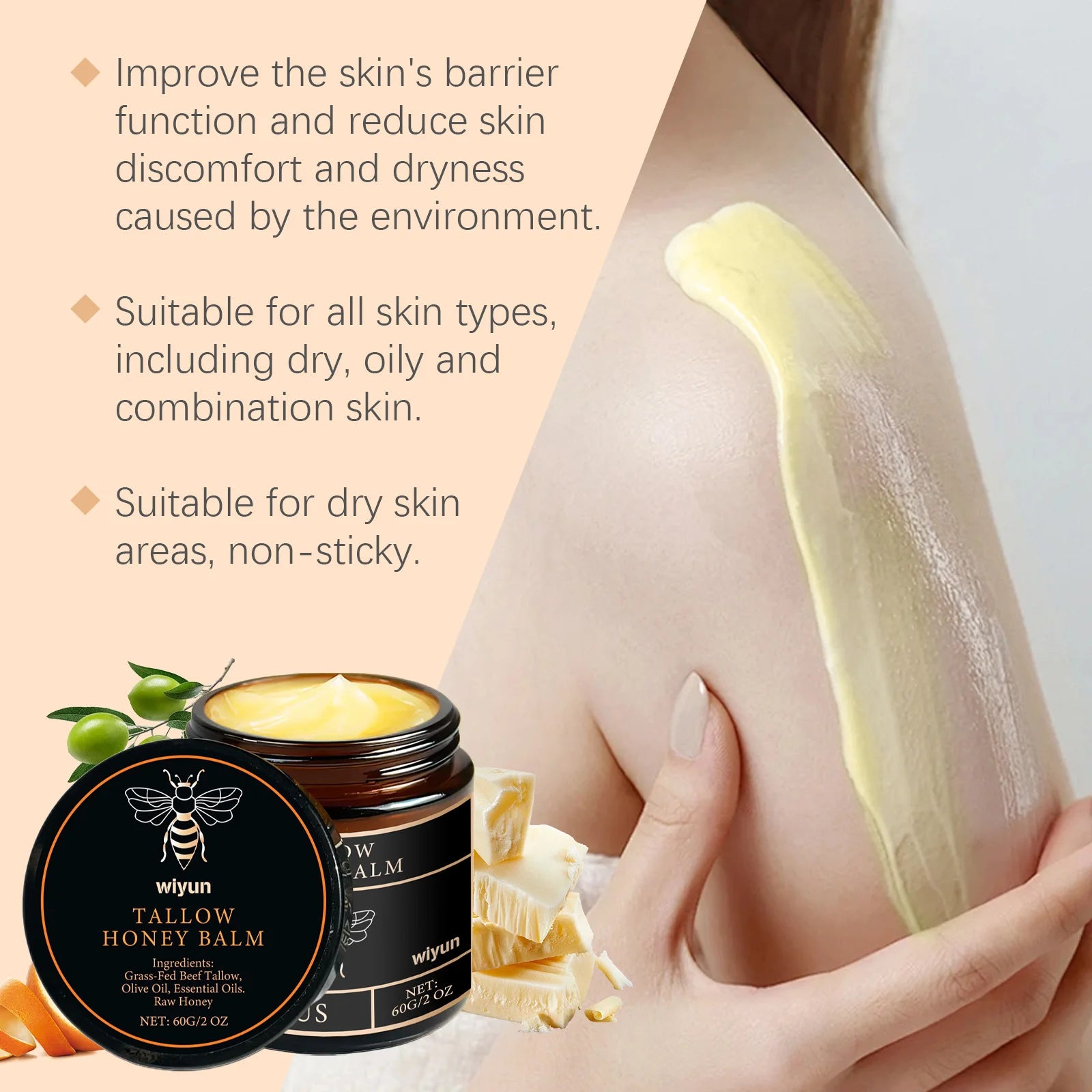 Tallow Honey Balm Glowing Hydrating Skin Enhacne Elasticity Improve Dullness Fade Fine Lines Firming Face Body Moisturize Cream