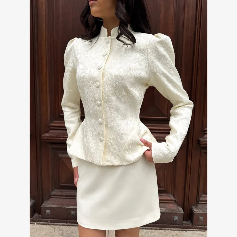 Solid Color Jacquard Glossy Satin Tops Women Chic Stand Collar Single Breasted Slim Fit Short Coats 2026 Lady Daily Outwear New