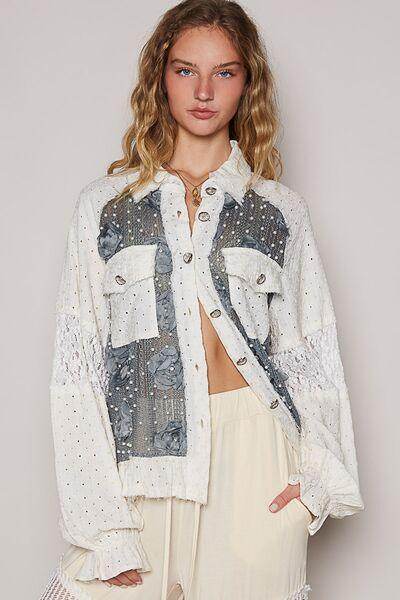 POL Eyelet Flower Pearl Detail Lace Patchwork Shirt for Elegance - Selvanelle