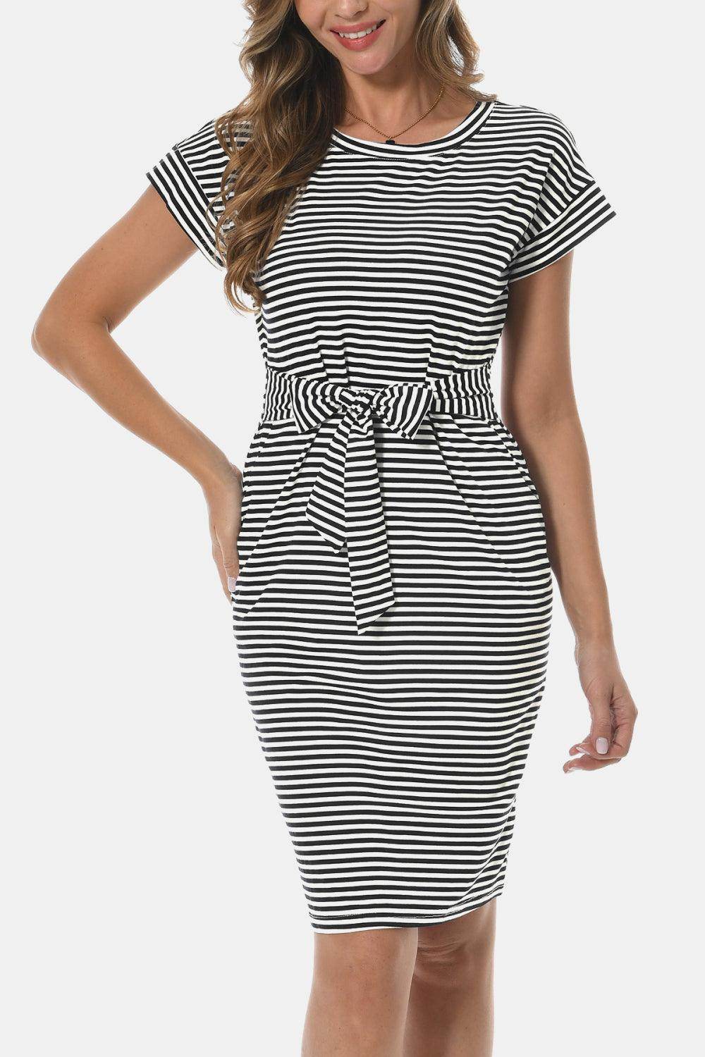 Tie Front Round Neck Short Sleeve Dress for Women - Selvanelle