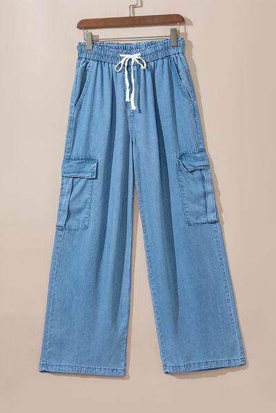 Drawstring Cargo Pocket Wide Leg Jeans for All-Day Comfort - Selvanelle