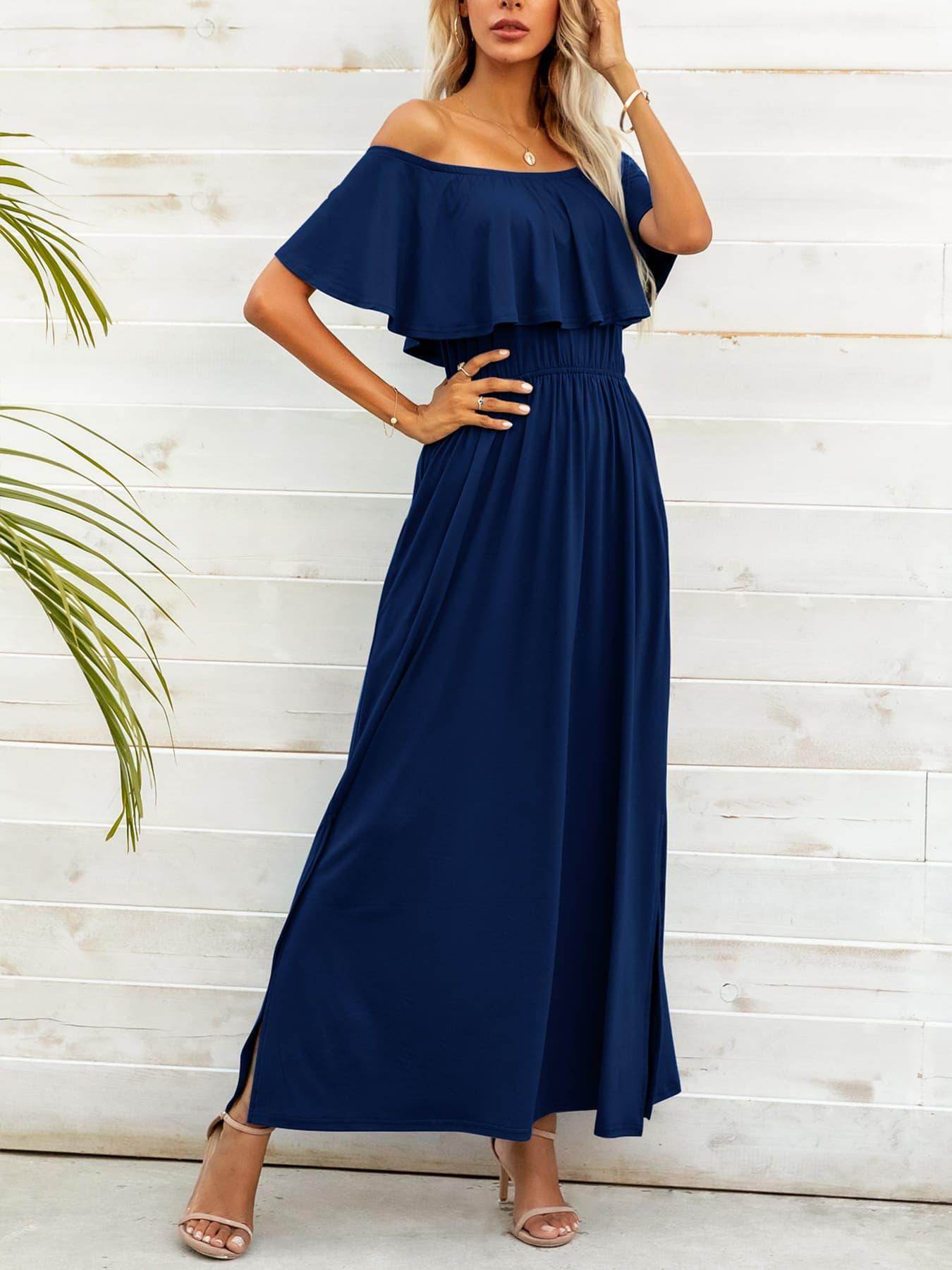 Off-Shoulder Slit Maxi Dress for Elegant Summer Style - Selvanelle