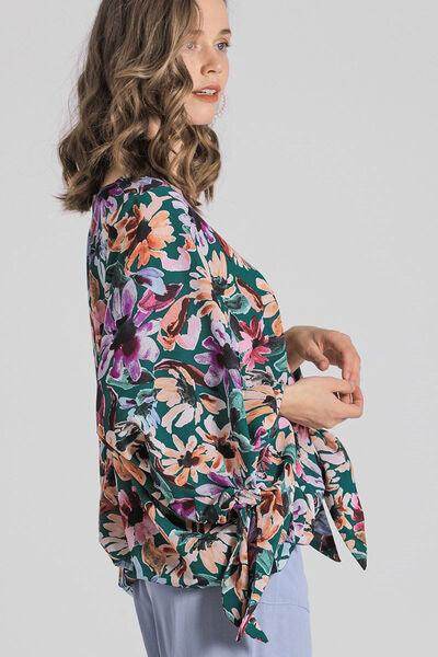 Umgee Full Size Floral V-Neck Tie Sleeve Blouse Plus Size - Selvanelle