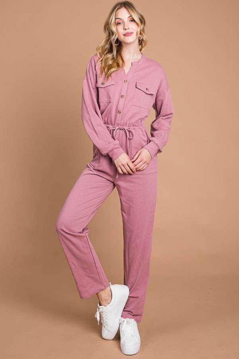 Culture Code Full Size Button Up Drawstring Waist Jumpsuit - Selvanelle