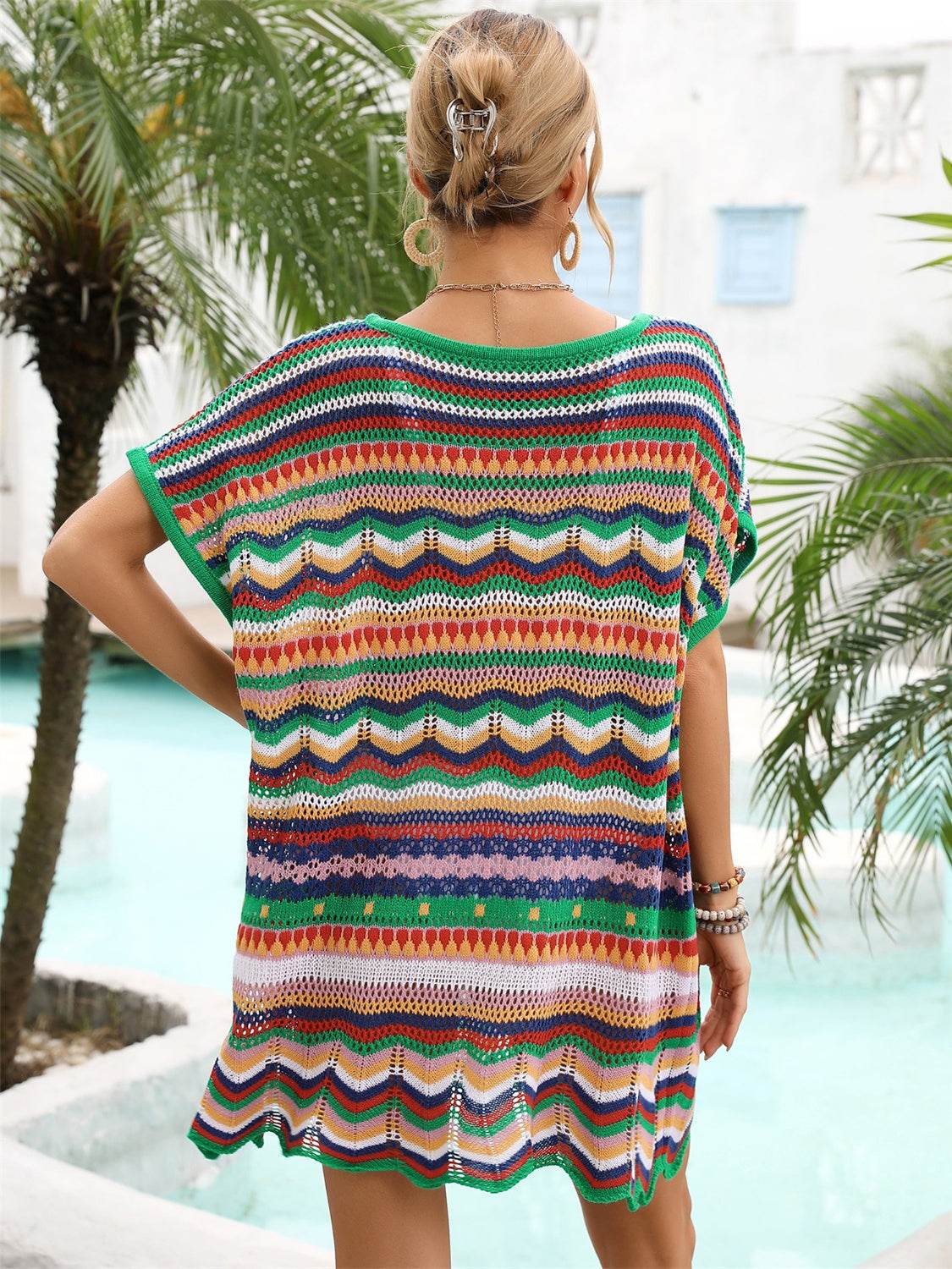 Angel Wings Rainbow Stripe Scalloped V-Neck Cover-Up Dress - Selvanelle