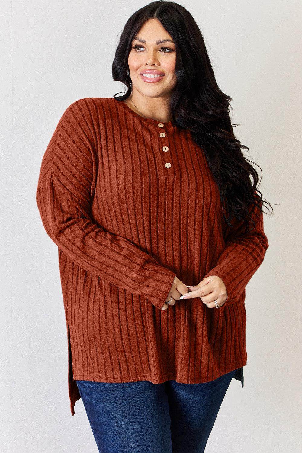 Basic Bae Full Size Ribbed Half Button Long Sleeve T-Shirt - Selvanelle