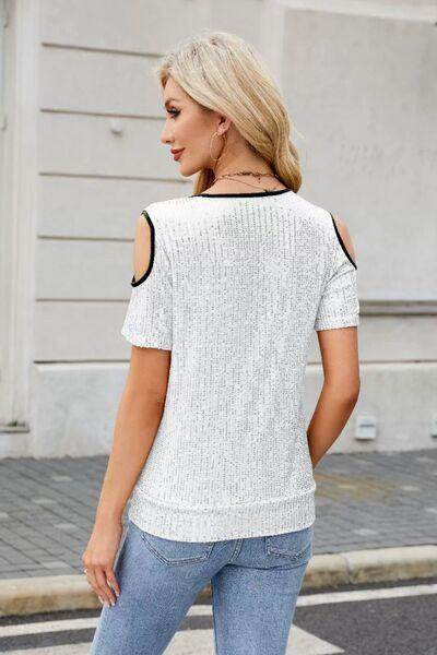 Sequin Crisscross V-Neck Cold Shoulder Blouse for Women - Selvanelle