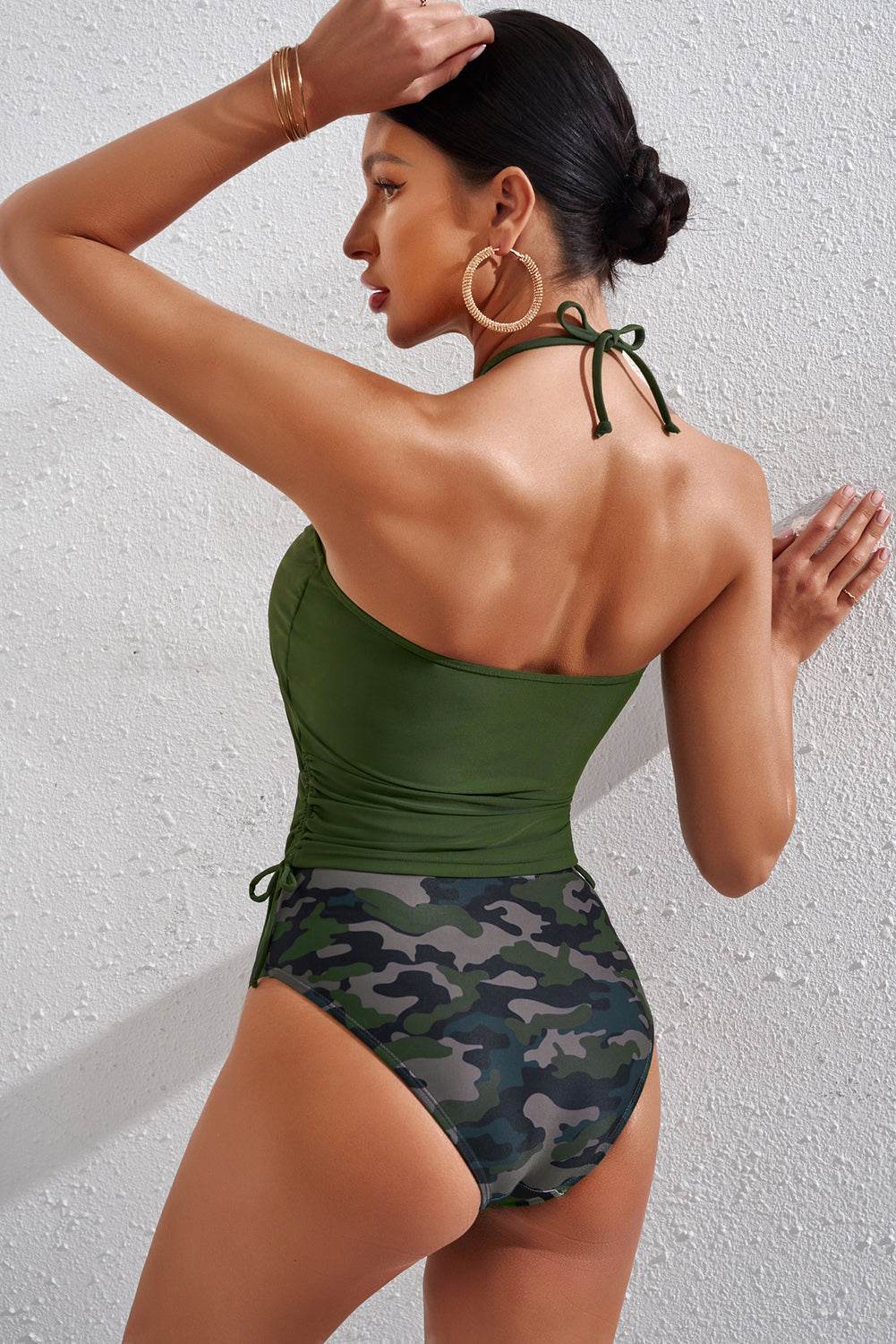 Drawstring Ruched Halter Neck Swim Top and Camouflage Bottoms Set - Selvanelle