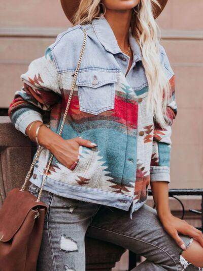 Geometric Button Up Long Sleeve Denim Jacket for Women - Selvanelle