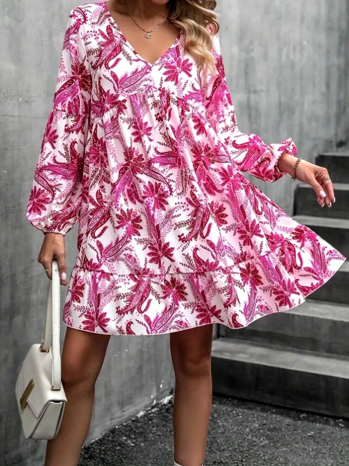 Floral V-Neck Balloon Sleeve Dress - Selvanelle