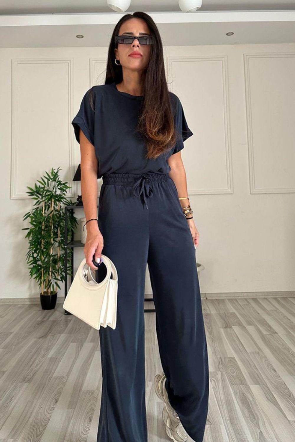 Round Neck Short Sleeve Top and Drawstring Pants Set for Women - Selvanelle