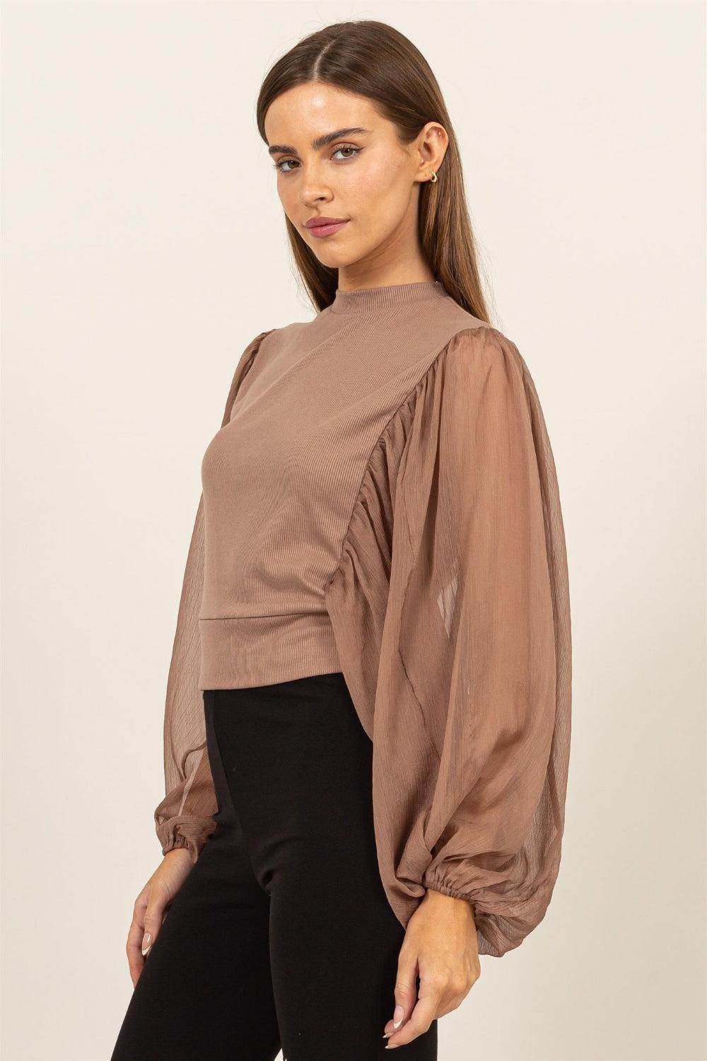 HYFVE Ruched Sheer Long Sleeve Mock Neck Blouse for Elegance - Selvanelle
