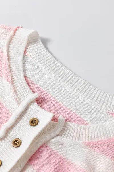 Exposed Seam Striped Round Neck Long Sleeve Sweater for Women - Selvanelle