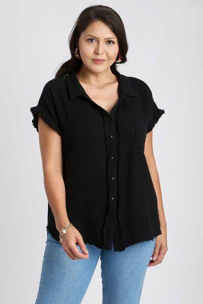 Umgee Full Size Frayed Hem Collared Neck Shirt Plus Size - Selvanelle