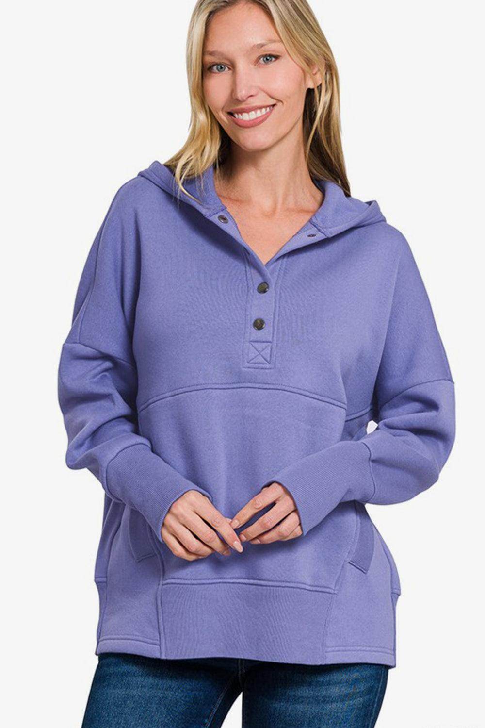 Zenana Half Snap Long Sleeve Hoodie with Kangaroo Pocket - Selvanelle