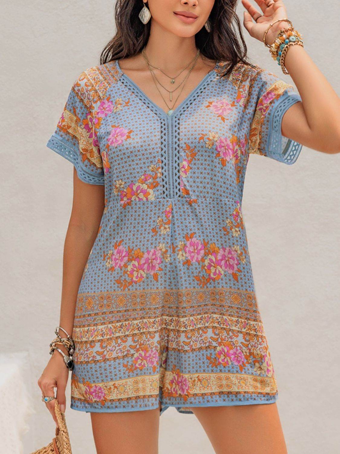 Printed V-Neck Short Sleeve Romper - Selvanelle