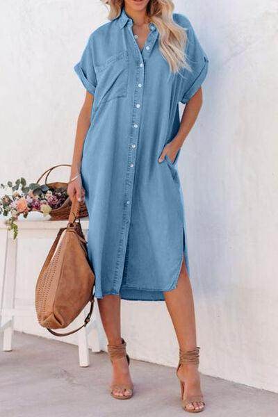 Slit Button Up Short Sleeve Imitation Denim Dress for Women - Selvanelle