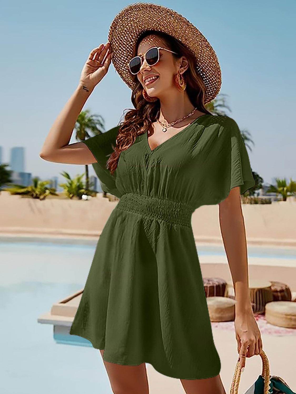 Smocked V-Neck Short Sleeve Dress for Effortless Style - Selvanelle