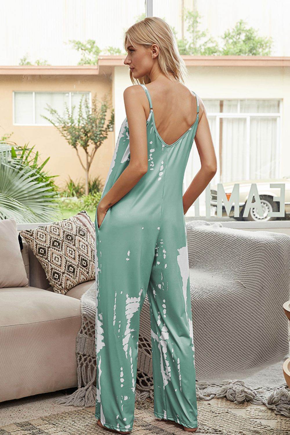 Shiny Tie-Dye Spaghetti Strap Jumpsuit with Pockets - Selvanelle