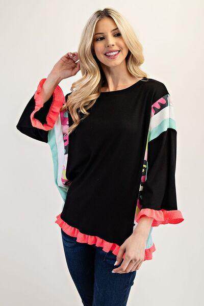 Celeste Full Size Ruffle Sleeve Color Block Top Plus Size - Selvanelle