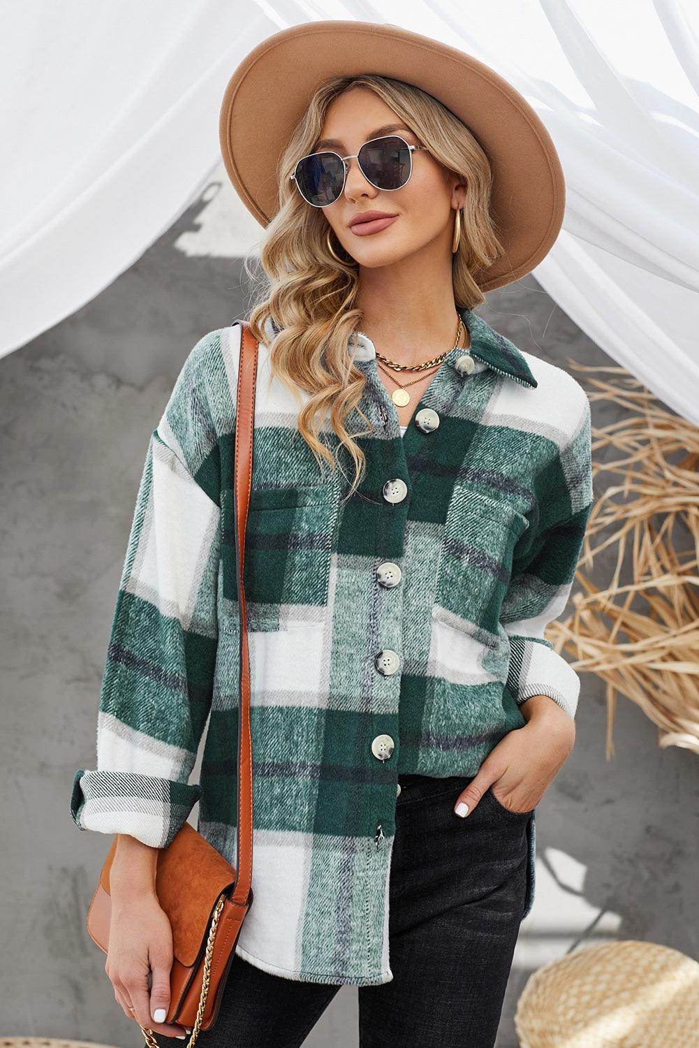Plaid Button Up Dropped Shoulder Jacket for Women Stylish - Selvanelle