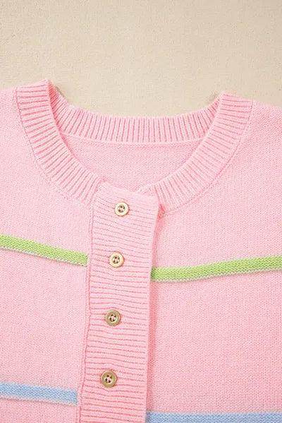 Contrast Striped Half Button Round Neck Sweater for Women - Selvanelle