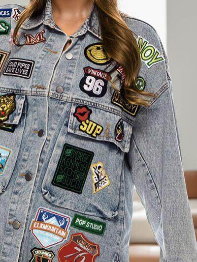 Embroidered Patch Button Up Long Sleeve Denim Jacket for Women - Selvanelle