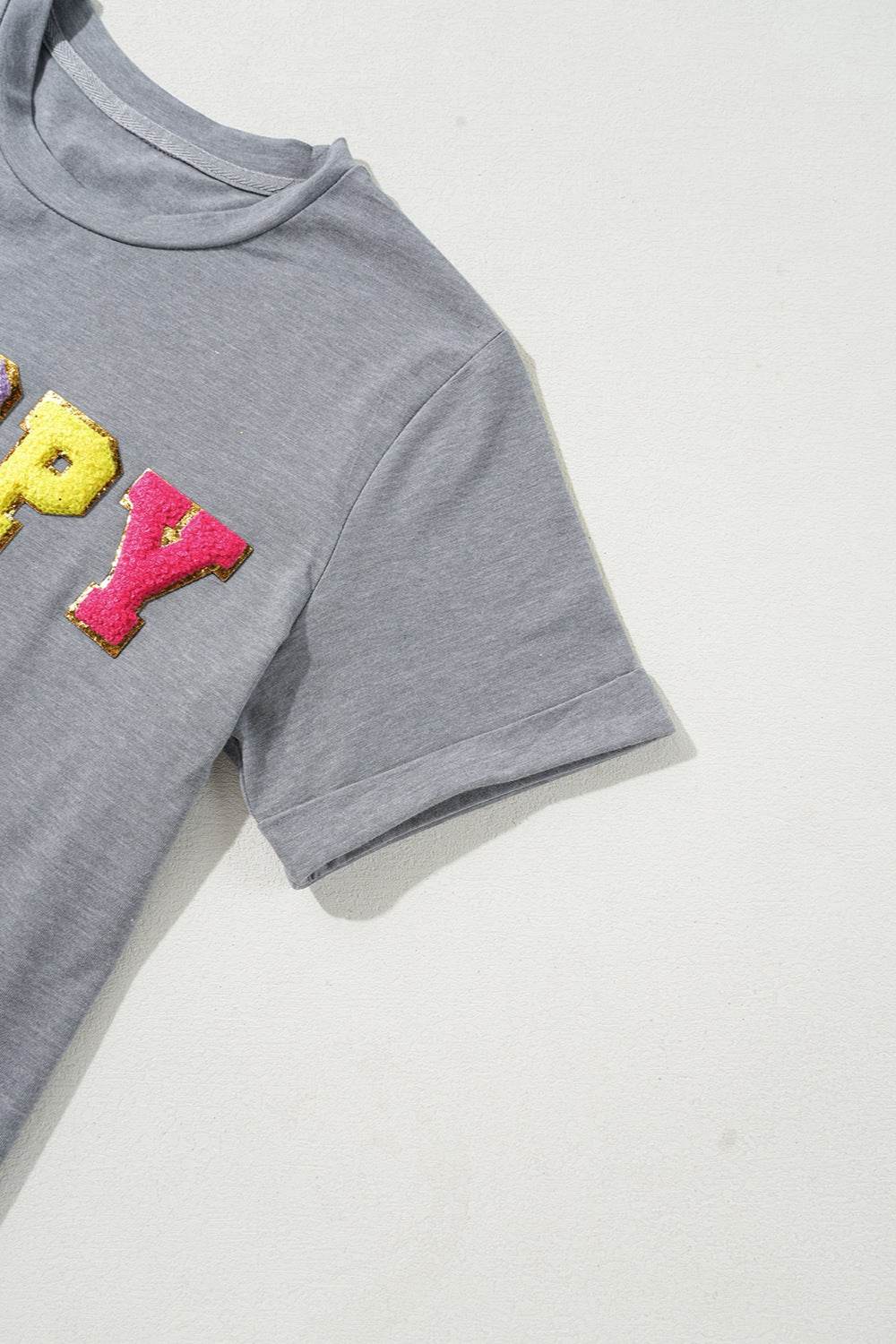 HOPPY Chenille Patch Round Neck Short Sleeve T-Shirt - Selvanelle