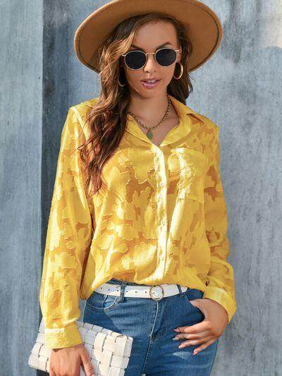 Full Size Collared Neck Long Sleeve Shirt Plus Size Women - Selvanelle