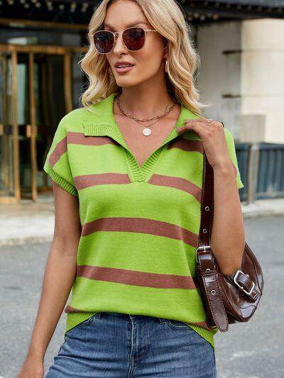 Striped Johnny Collar Cap Sleeve Sweater for Women - Selvanelle