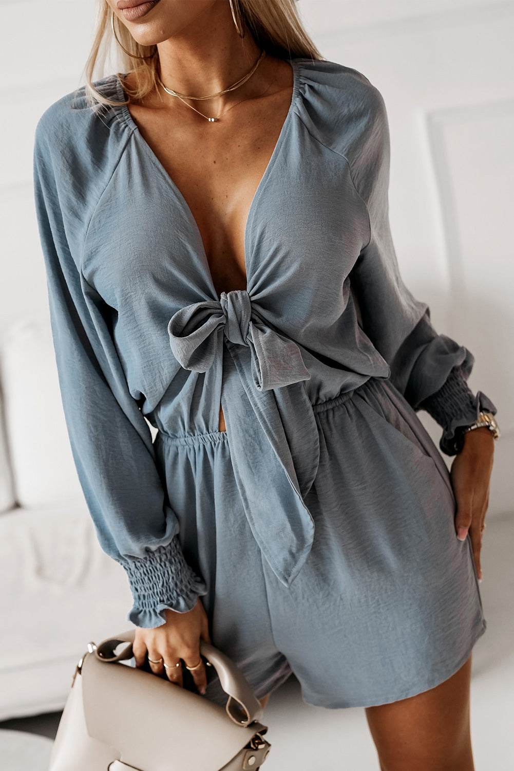 Tied Flounce Sleeve Plunge Romper - Selvanelle