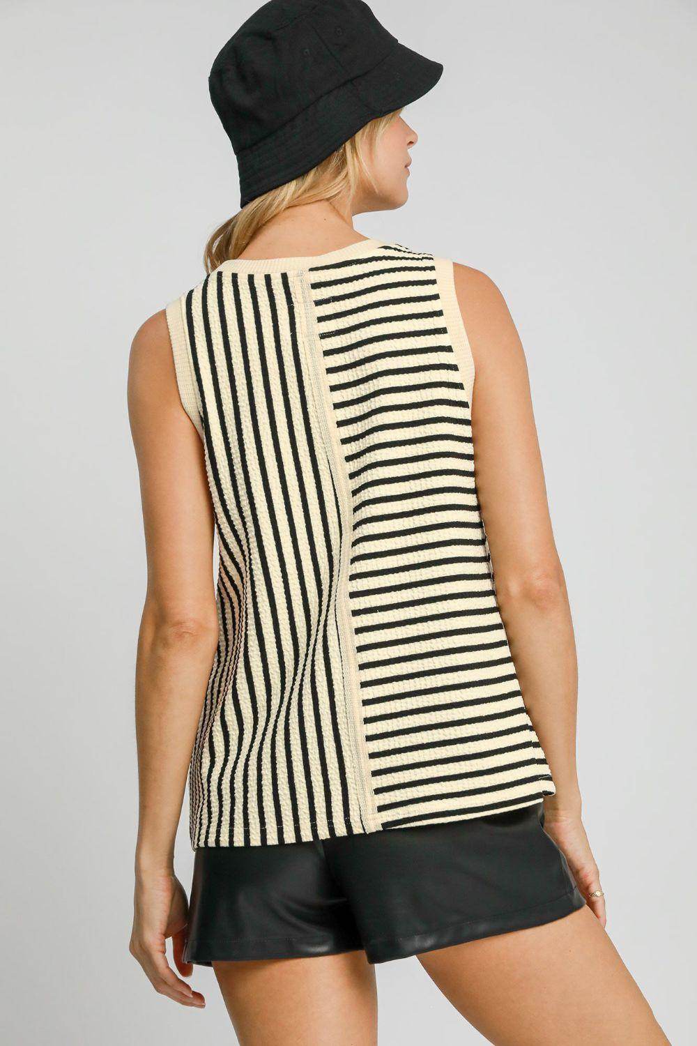 Umgee Round Neck Texture Striped Tank for Casual Style - Selvanelle