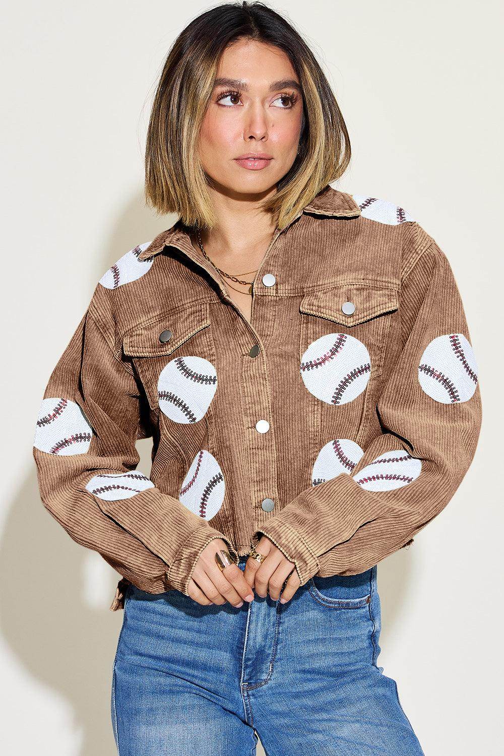Baseball Sequin Dropped Shoulder Raw Hem Jacket for Women - Selvanelle