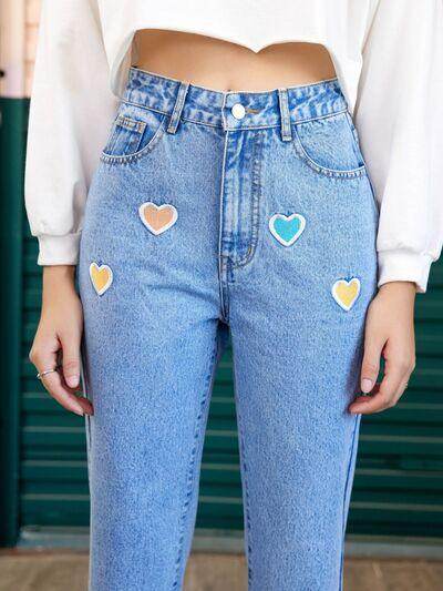 Heart Straight Leg Jeans with Pockets for Stylish Comfort - Selvanelle