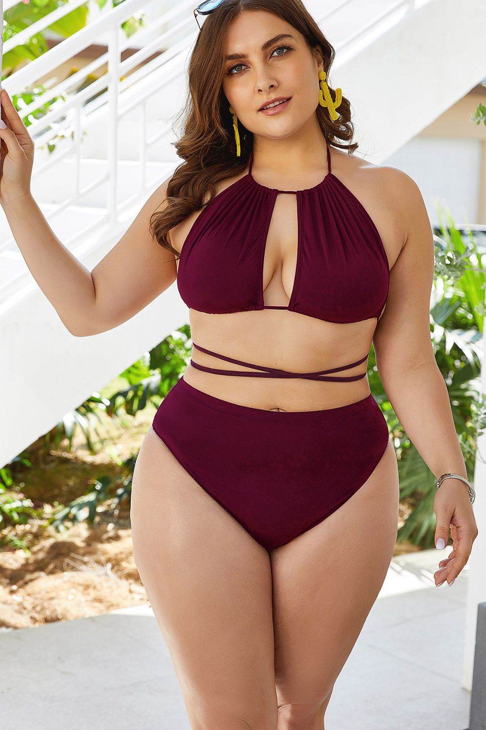Plus Size Cutout Tied Backless Bikini Set - Selvanelle