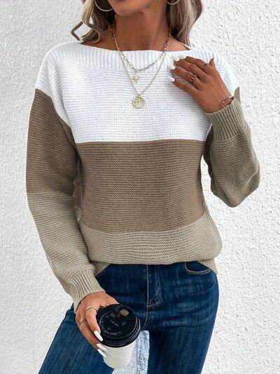 Color Block Boat Neck Sweater for Stylish Layering - Selvanelle