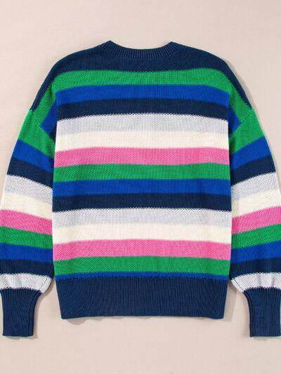 Contrast Striped Round Neck Long Sleeve Sweater for Women - Selvanelle