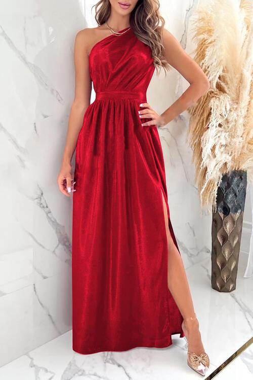 One Shoulder Slit Ruched Maxi Dress for Elegant Style - Selvanelle