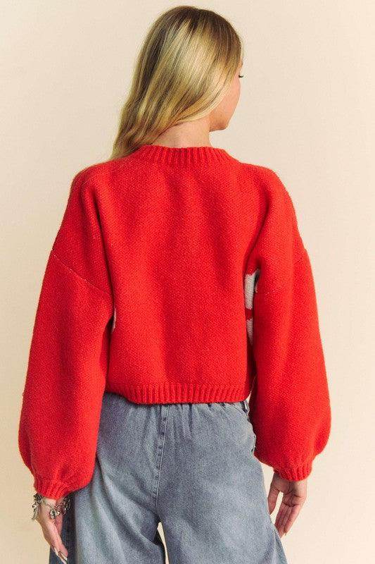 Davi & Dani Flower Contrast Round Neck Long Sleeve Cardigan - Selvanelle