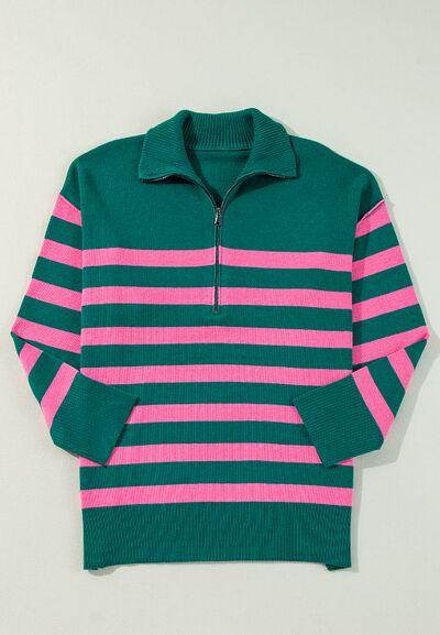 Contrast Striped Quarter Zip Long Sleeve Sweater for Women - Selvanelle