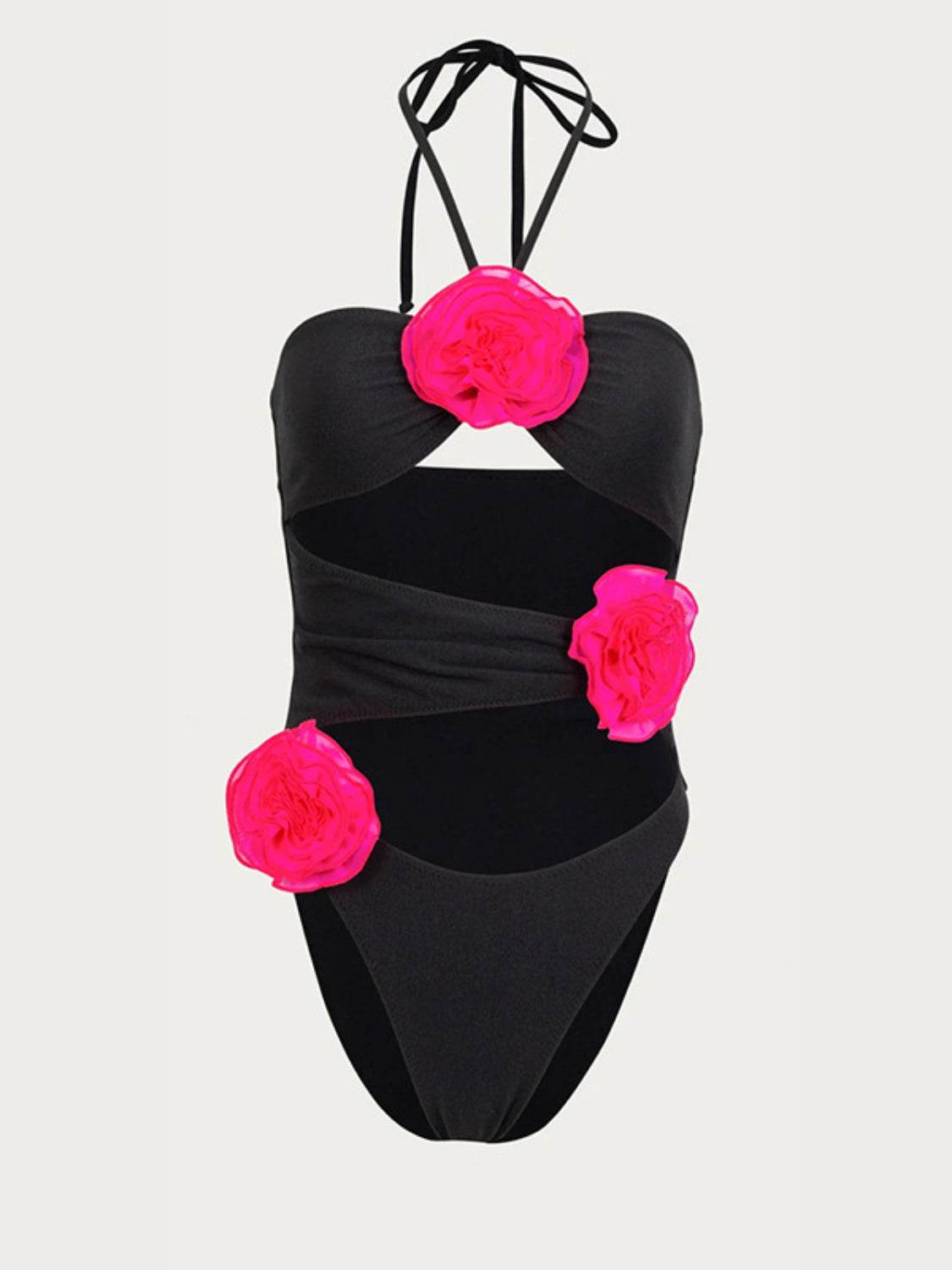 Flower Cutout Halter Neck One-Piece Swimwear - Selvanelle